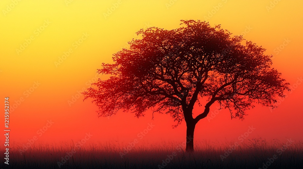 Fiery Sunset Silhouette: A Solitary Tree at Dusk Fiery Sunset Silhouette: A Solitary Tree at Dusk
