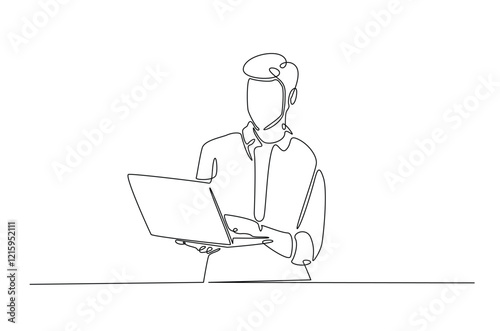 Young man holding laptop in continuous one line design. Single line draw of student holds netbook.