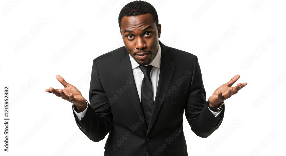 Portrait of business man in black suit standing with arms outstretched on white background. Portrait of business man in black suit standing with arms outstretched on white background.