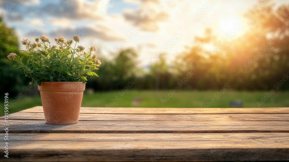 Rustic Wooden Table in Sunny Backyard With Flower Pot and Greenery Rustic Wooden Table in Sunny Backyard With Flower Pot and Greenery