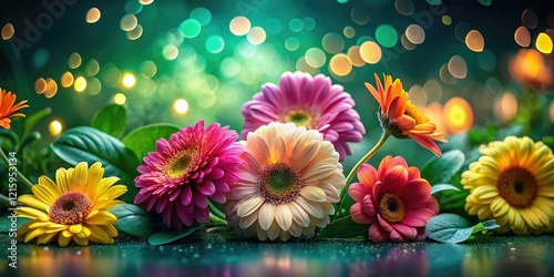 Dark, dramatic nighttime photography captures the exquisite beauty of spring flowers blooming against a green backdrop.