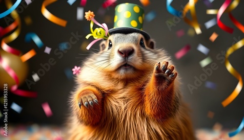 Happy Groundhog in Top Hat, Festive Streamers, Greeting Card paw fun cute funny party image