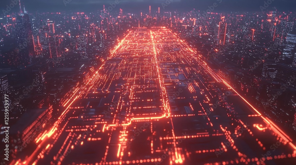 Fototapeta premium Futuristic Cityscape at Night Neon Lights and Glowing Circuitry Road