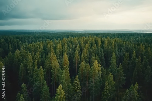 Aerial view of vast pine forest, moody sky, sunset, nature conservation