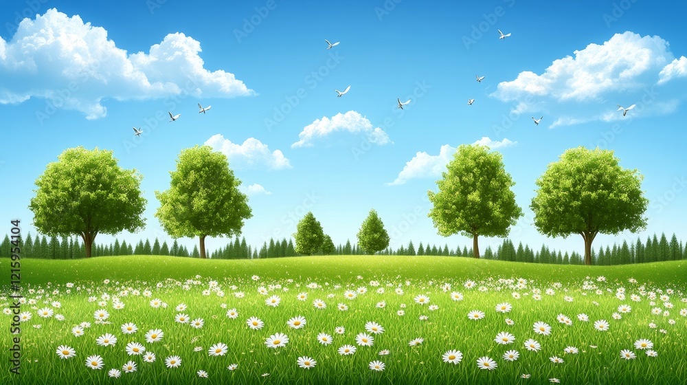 Fototapeta premium Serene Spring Meadow with Lush Green Trees and Blooming Flowers Under a Bright Blue Sky