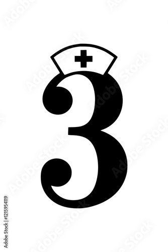 Number 3 with nurse hat illustration, Creative design of the number 3 featuring a nurse hat with a medical cross, symbolizing healthcare, nursing, and medical assistance.  
  
