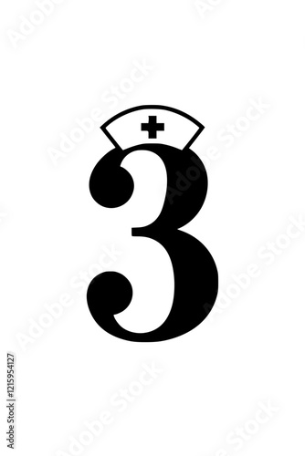 Number 3 with nurse hat illustration, Creative design of the number 3 featuring a nurse hat with a medical cross, symbolizing healthcare, nursing, and medical assistance.  
  
