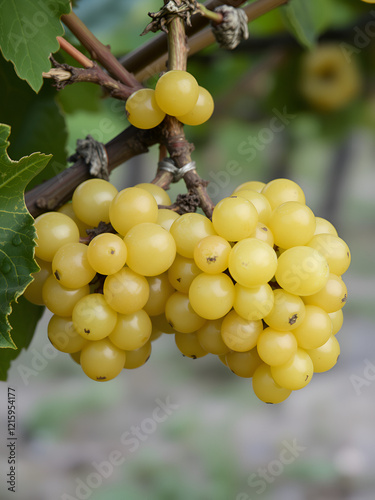 Ripe ready to harvest Semillon white grape on Sauternes vineyards in Barsac village affected by Botrytis cinerea noble rot, making of sweet dessert Sauternes wines in Bordeaux, France photo