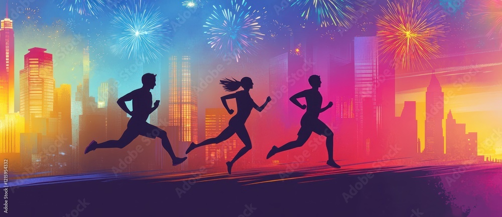 Silhouetted runners against a city skyline and vibrant fireworks display colorful background Silhouetted runners against a city skyline and vibrant fireworks display colorful background