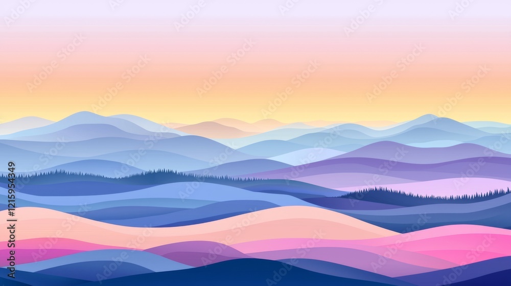 Obraz premium Serene Pastel Mountainscape Sunrise Over Rolling Hills and Forest