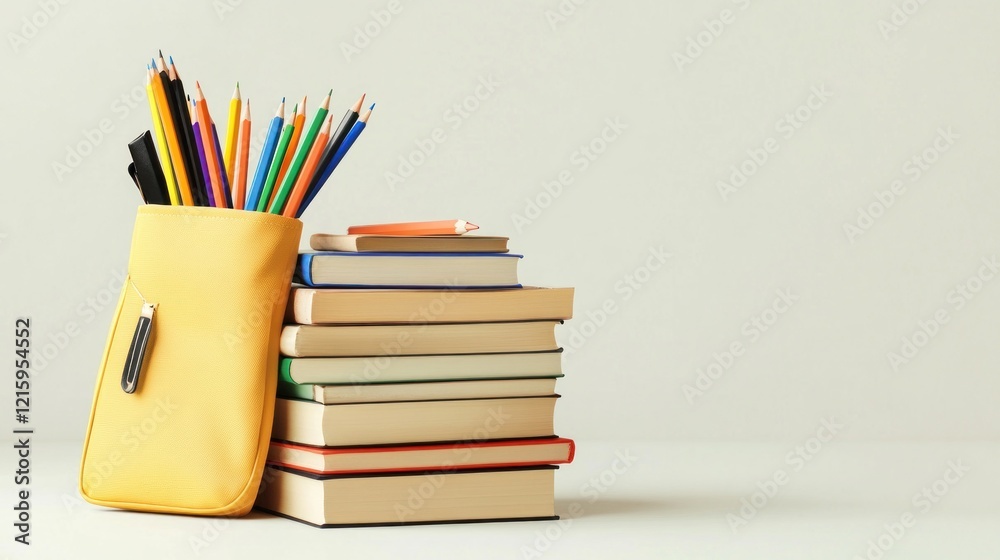 Yellow pencil case, books, study, education, learning Yellow pencil case, books, study, education, learning