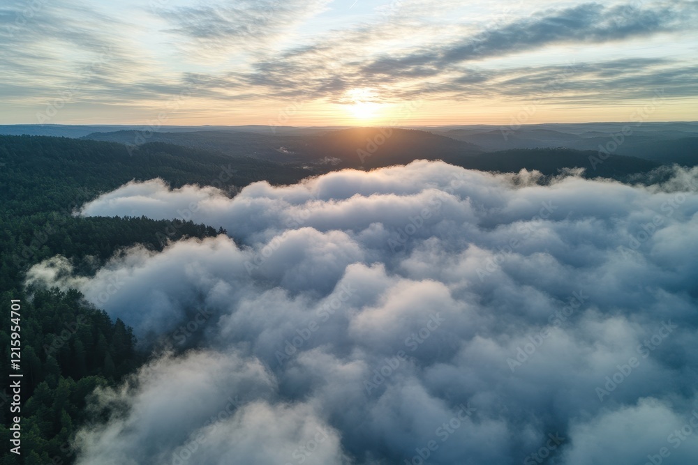 Sunrise aerial view, mountain fog, forest landscape, peaceful dawn, nature background Sunrise aerial view, mountain fog, forest landscape, peaceful dawn, nature background