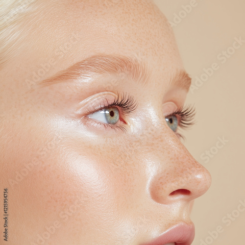 closeup of a blonde woman with glowy skin, beauty photography, light beige background 