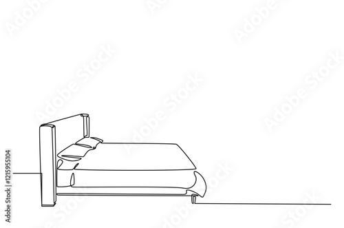 Double bed with the pillows in continuous one line drawing design. Minimalist single line draw of bedroom furniture.
