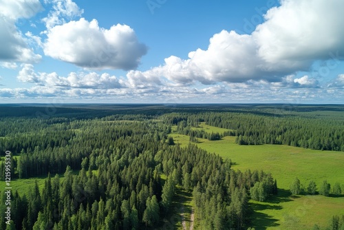 Aerial view Summer forest, meadow, road, clouds, Finland, nature travel