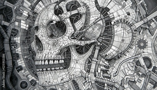 Intricate Mechanical Skull: A Detailed Steampunk-Style Illustration of a Cranium Composed of Gears, Pipes, and Complex Machinery