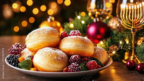 Hanukkah celebration scene with menorah, doughnuts, and festive decorations