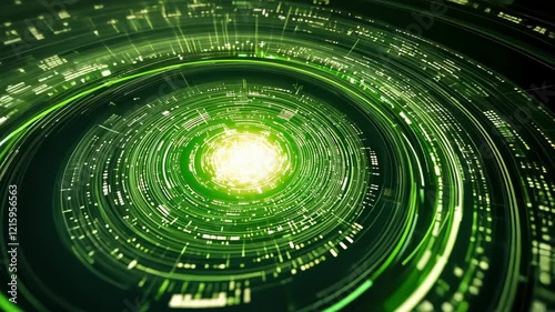 Futuristic green energy vortex with digital particles for technology and sci-fi concepts
