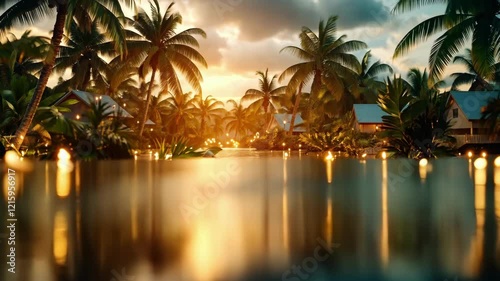 Enchanting tropical sunset reflections over a calm palm forest lagoon