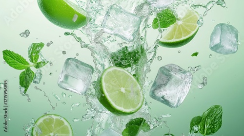 Wallpaper Mural Fresh mint leaves floating limes and ice cubes with water splash against a light green background, Torontodigital.ca