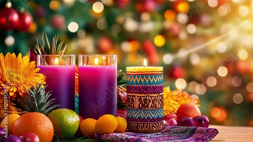 Kwanzaa celebration with colorful candles, fruits, and festive decorations