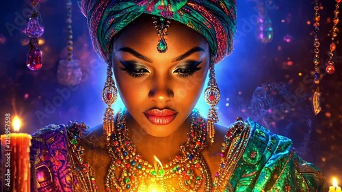 Vibrant kwanzaa celebration with traditional attire and glowing candles