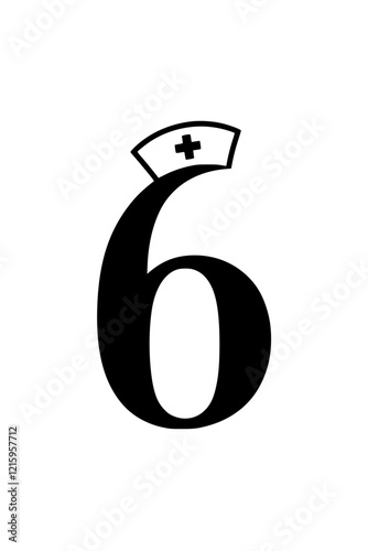 Number 6 with nurse hat illustration, Creative design of the number 6 featuring a nurse hat with a medical cross, symbolizing healthcare, nursing, and medical assistance.  
  
