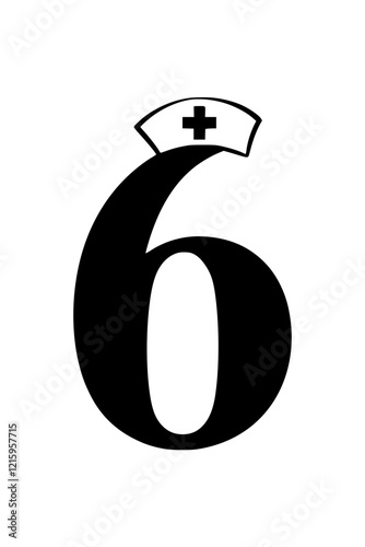 Number 6 with nurse hat illustration, Creative design of the number 6 featuring a nurse hat with a medical cross, symbolizing healthcare, nursing, and medical assistance.  
  
