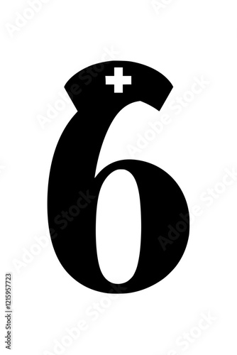 Number 6 with nurse hat illustration, Creative design of the number 6 featuring a nurse hat with a medical cross, symbolizing healthcare, nursing, and medical assistance.  
  
