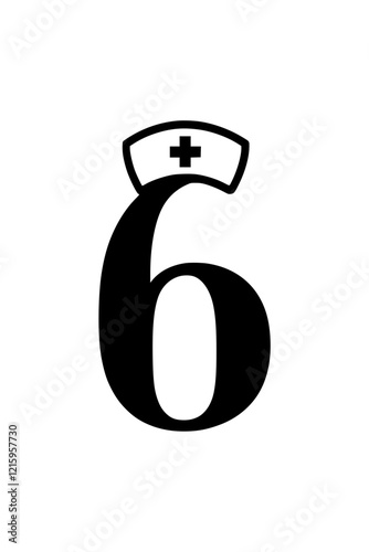 Number 6 with nurse hat illustration, Creative design of the number 6 featuring a nurse hat with a medical cross, symbolizing healthcare, nursing, and medical assistance.  
  
