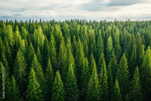 Aerial view of lush coniferous forest, cloudy sky, nature background, eco-tourism