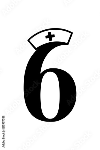 Number 6 with nurse hat illustration, Creative design of the number 6 featuring a nurse hat with a medical cross, symbolizing healthcare, nursing, and medical assistance.  
  
