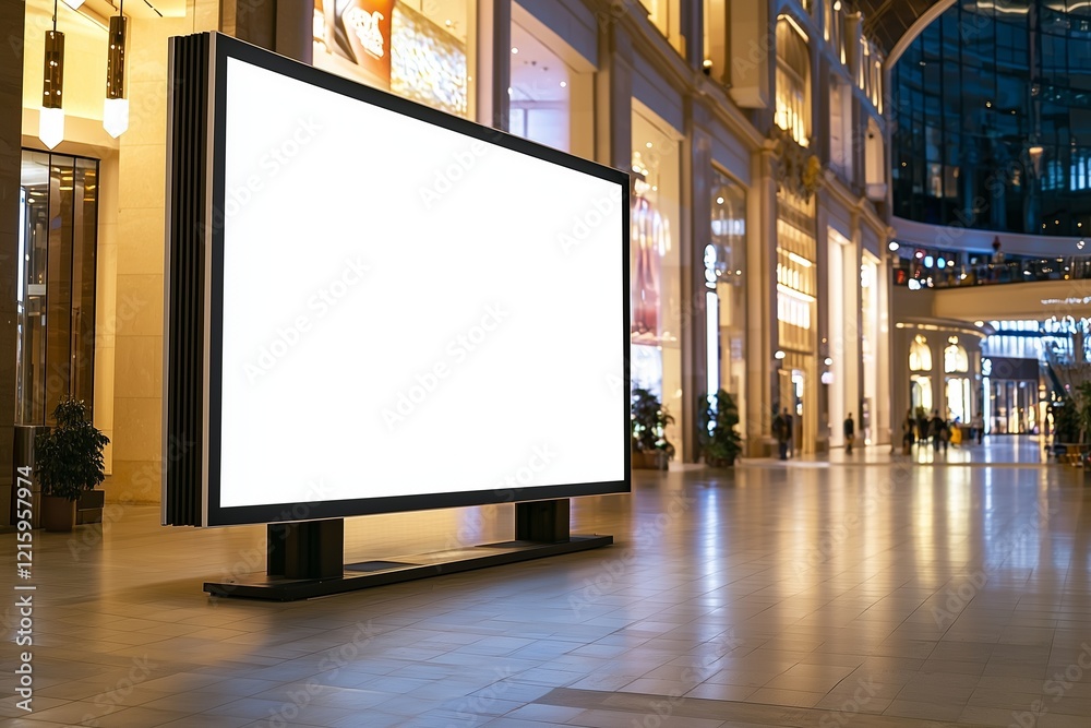 Soft lighting in an empty mall highlighting a central white billboard. Soft lighting in an empty mall highlighting a central white billboard.