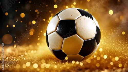 Dynamic soccer ball in motion with golden sparks for sports enthusiasts