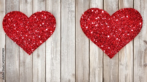 Sparkling Red Hearts on Rustic Wooden Background