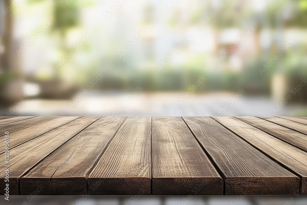 Wooden table, park background, blurred, display, mockup Wooden table, park background, blurred, display, mockup