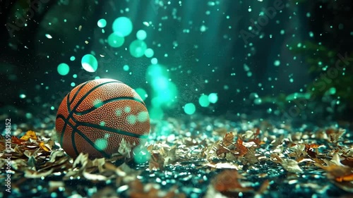 Basketball in a rainy forest setting with falling leaves