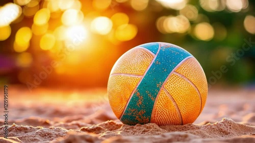 Vibrant beach ball in sunlit sand scene for summer fun and recreation
