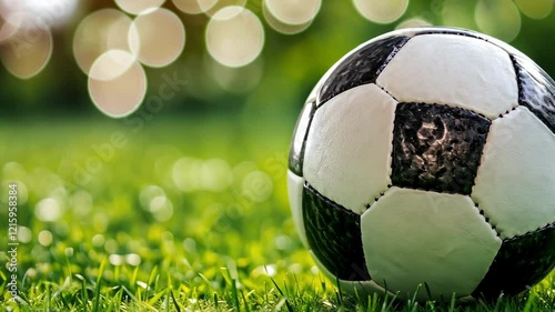 Vibrant soccer ball on sunny green field during summer day