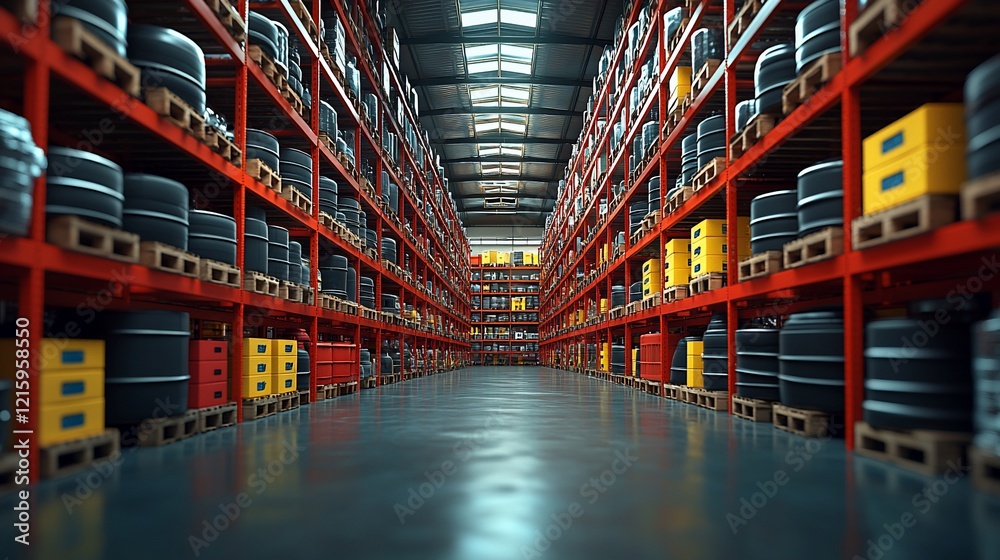 Vast Warehouse Inventory: Rows of Red Shelving Filled with Goods Vast Warehouse Inventory: Rows of Red Shelving Filled with Goods