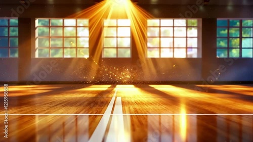 Vibrant basketball court with sunlit glow and floating particles for inspirational sports design