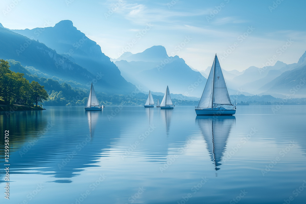 Obraz premium Peaceful Flow of Sailboats Skimming Across a Calm Sea for Tranquil Vibes