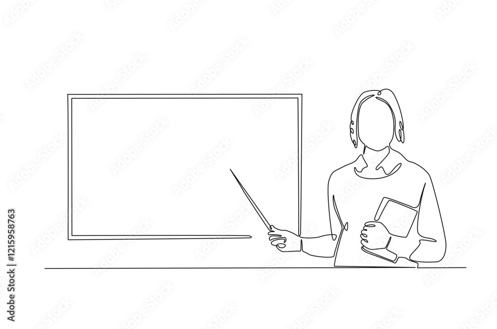 businesswoman doing presentation with whiteboard in continuous one line drawing. Teacher and whiteboard in single line art illustration. Editable vector.