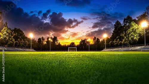 Evening soccer stadium with illuminated lights and sunset sky