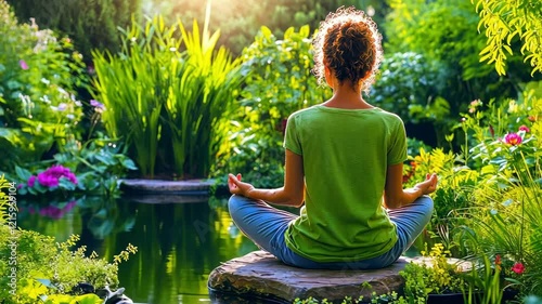 Meditation and relaxation in tranquil garden setting for mindfulness and wellness