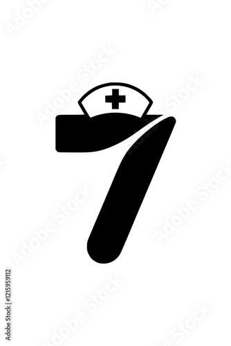 Number 7 with nurse hat illustration, Creative design of the number 7 featuring a nurse hat with a medical cross, symbolizing healthcare, nursing, and medical assistance.  
  
