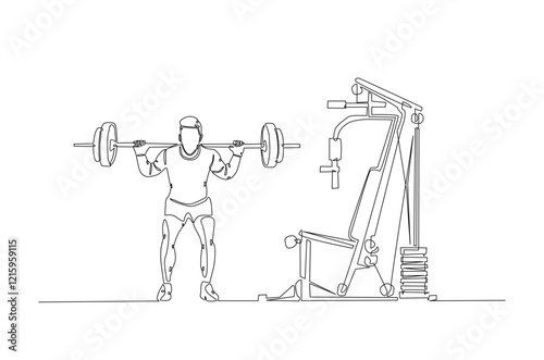 Man doing exercise with a heavy weight bar in continuous one line drawing. Cardio and lifting exercises at the gym studio single line art illustration.