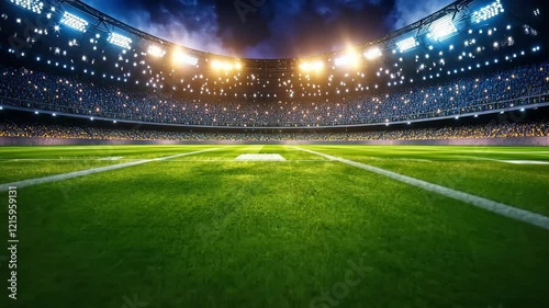 Illuminated football stadium at night - vivid sports arena with bright stadium lights