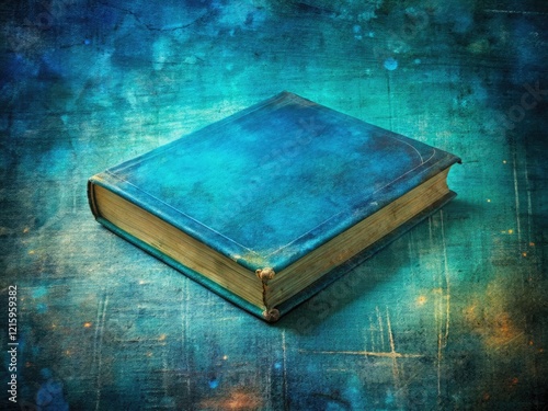 Grunge canvas texture merges with a vintage blue book cover in a double exposure, retro book art.