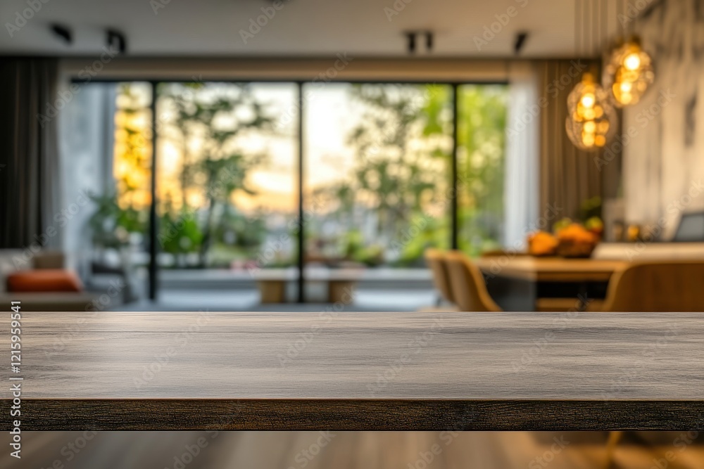 Modern home, sunset view, empty table, product display Modern home, sunset view, empty table, product display